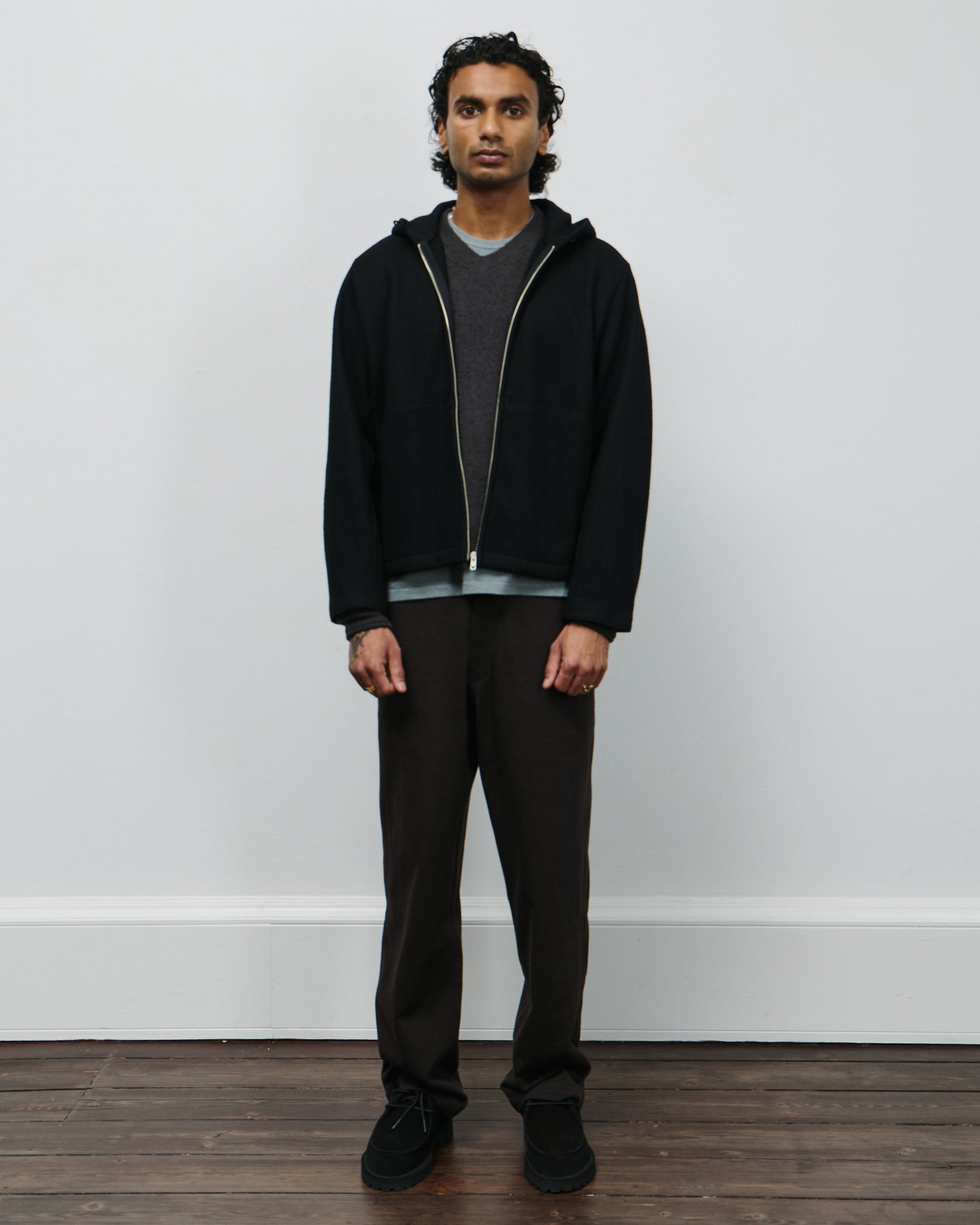 Wool Zip Hoodie - Black