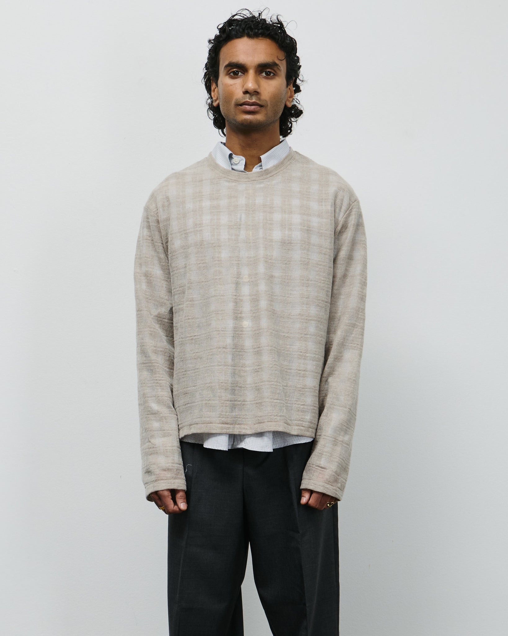 Round Neck Sweater - Beige Gauze Check