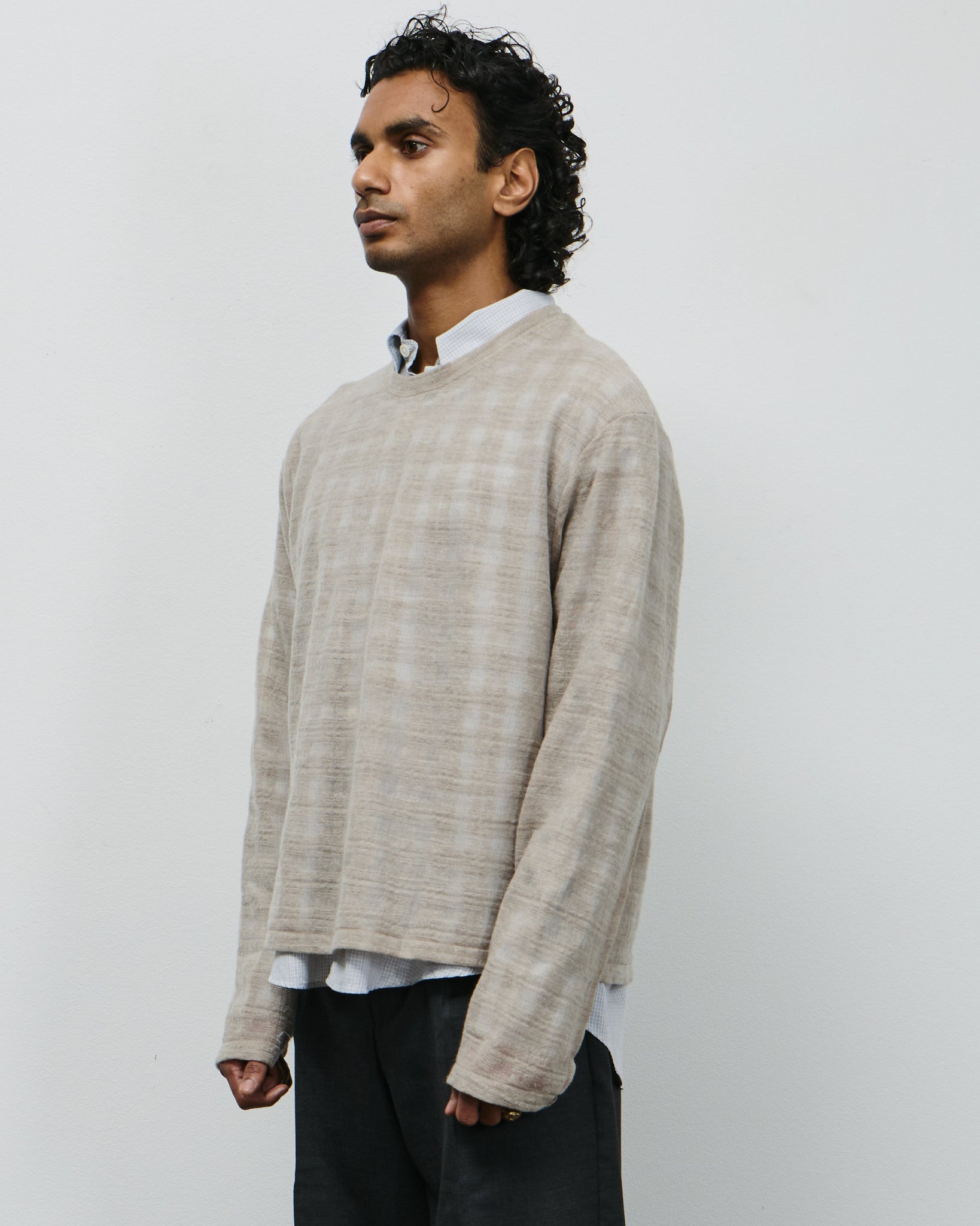 Round Neck Sweater - Beige Gauze Check