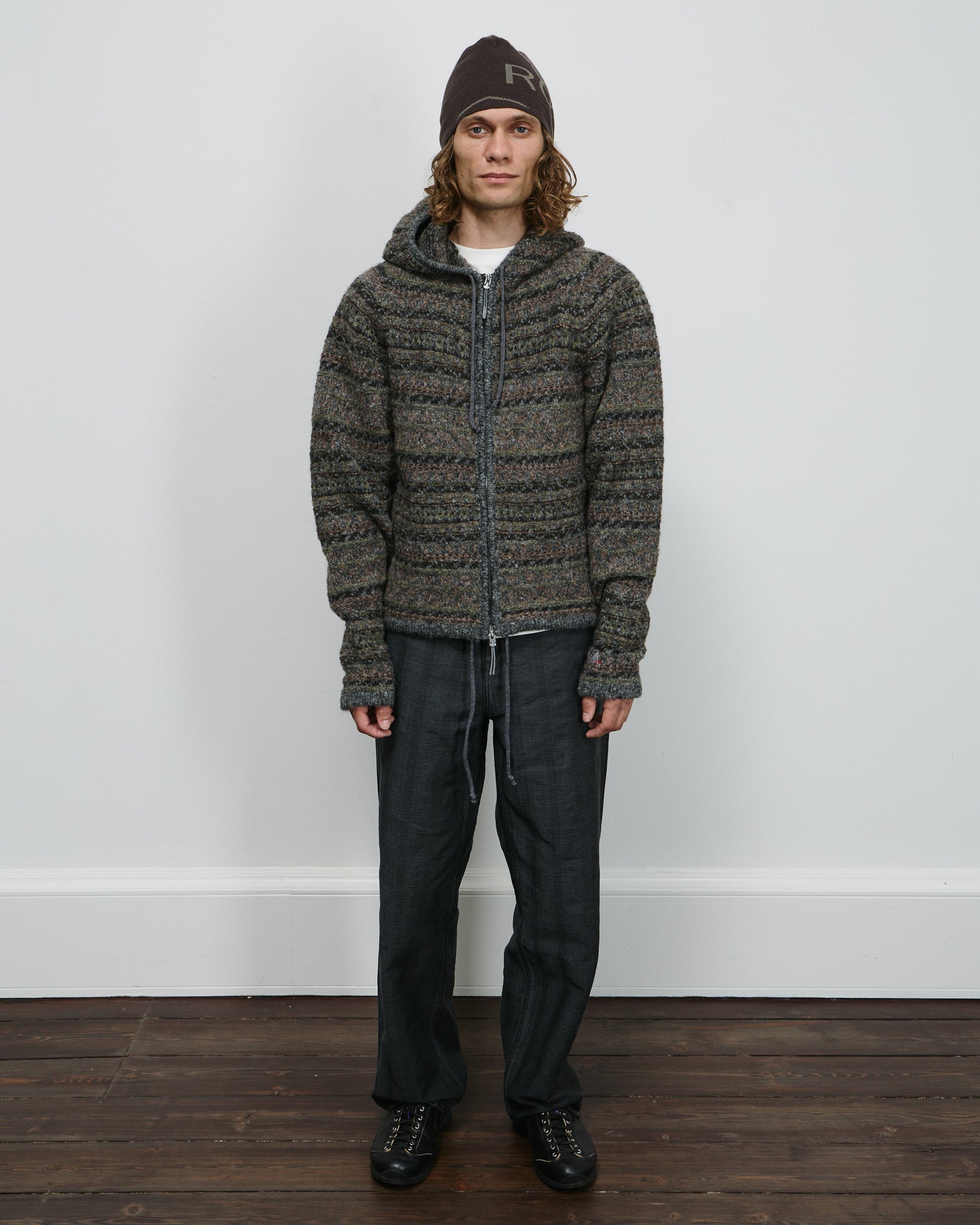 Fair Isle Felted Knit Zip Up Hoodie - Olive
