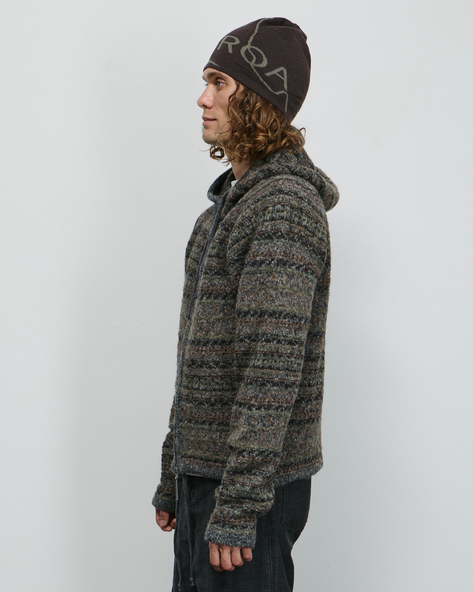 Fair Isle Felted Knit Zip Up Hoodie - Olive