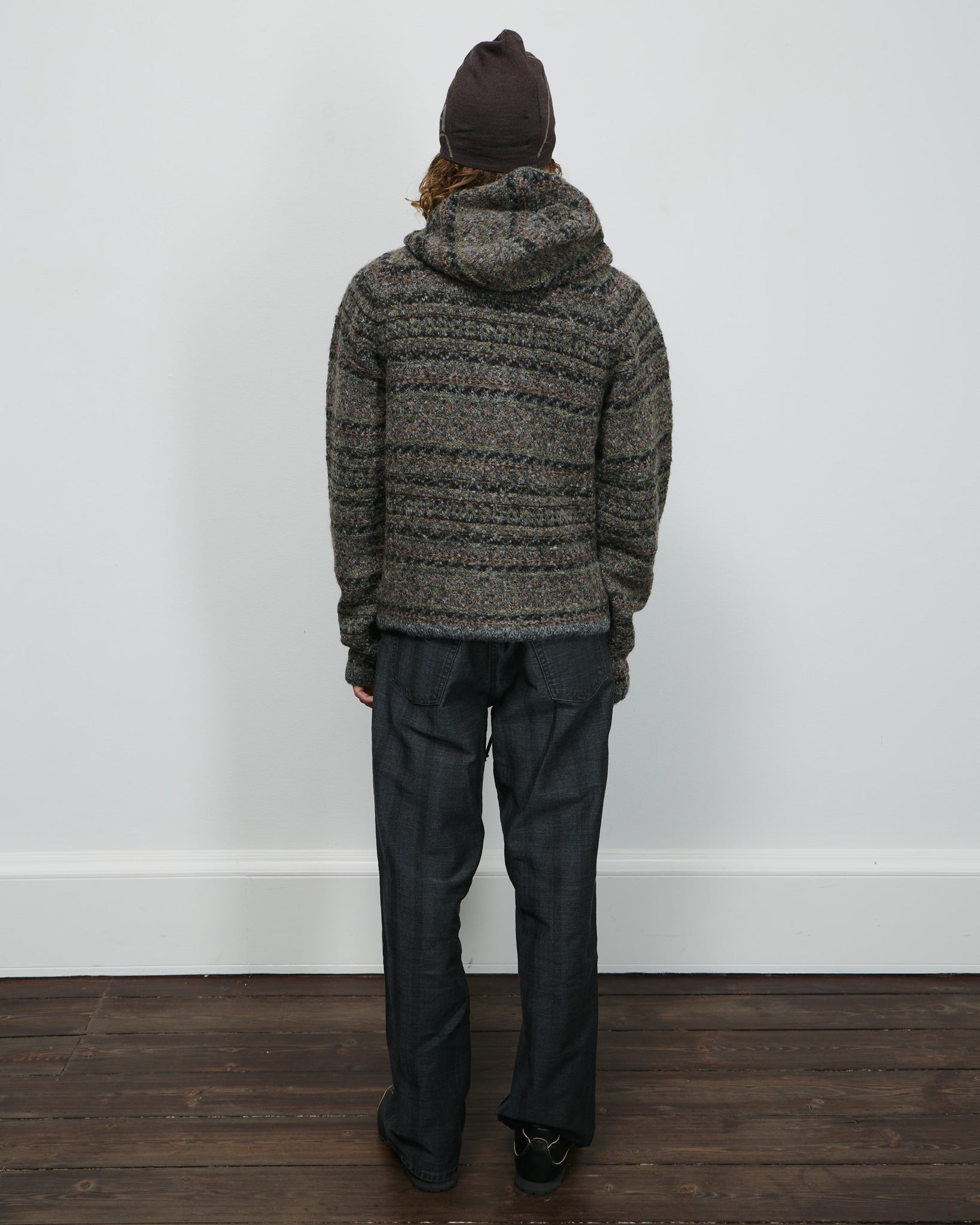 Fair Isle Felted Knit Zip Up Hoodie - Olive