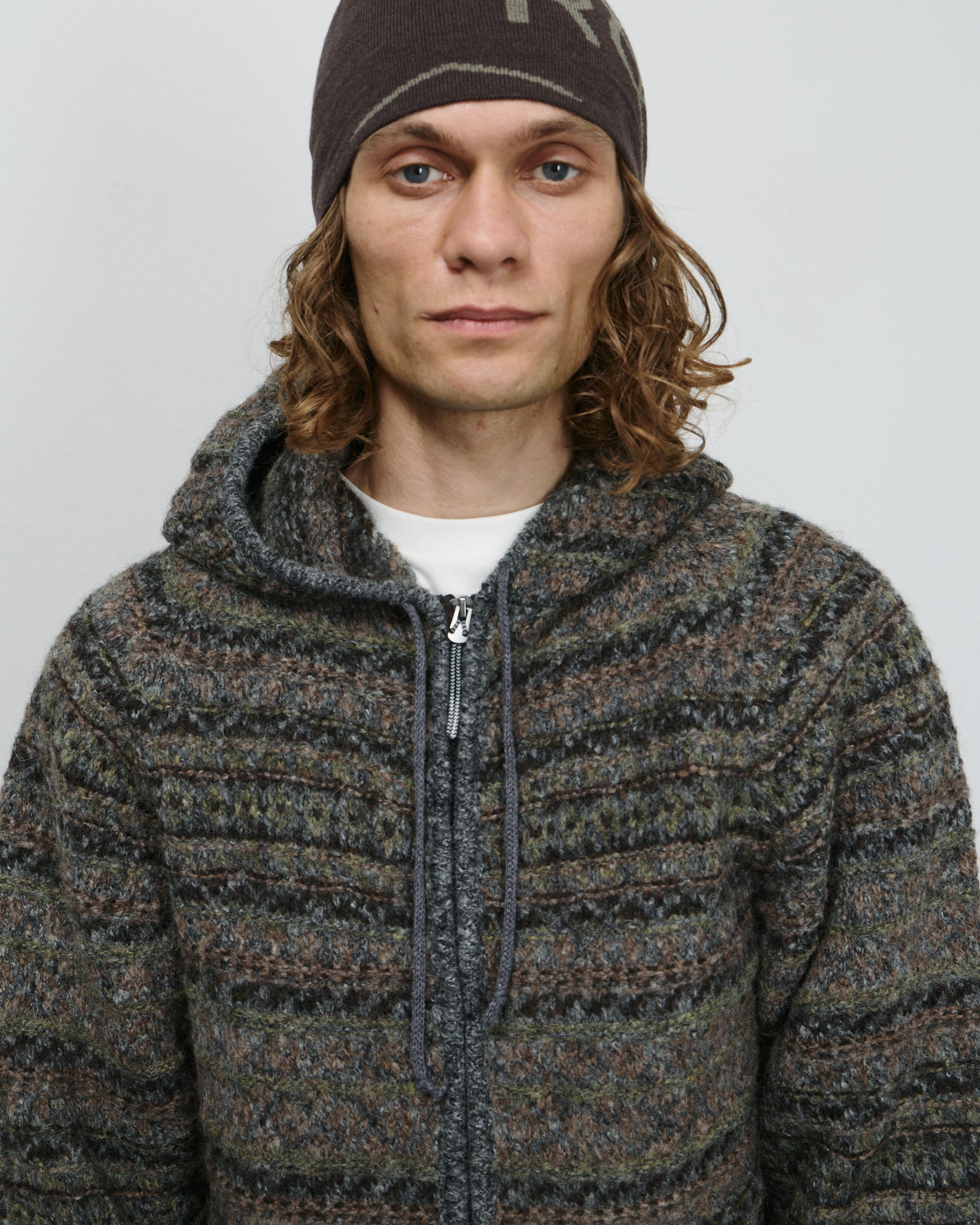 Fair Isle Felted Knit Zip Up Hoodie - Olive
