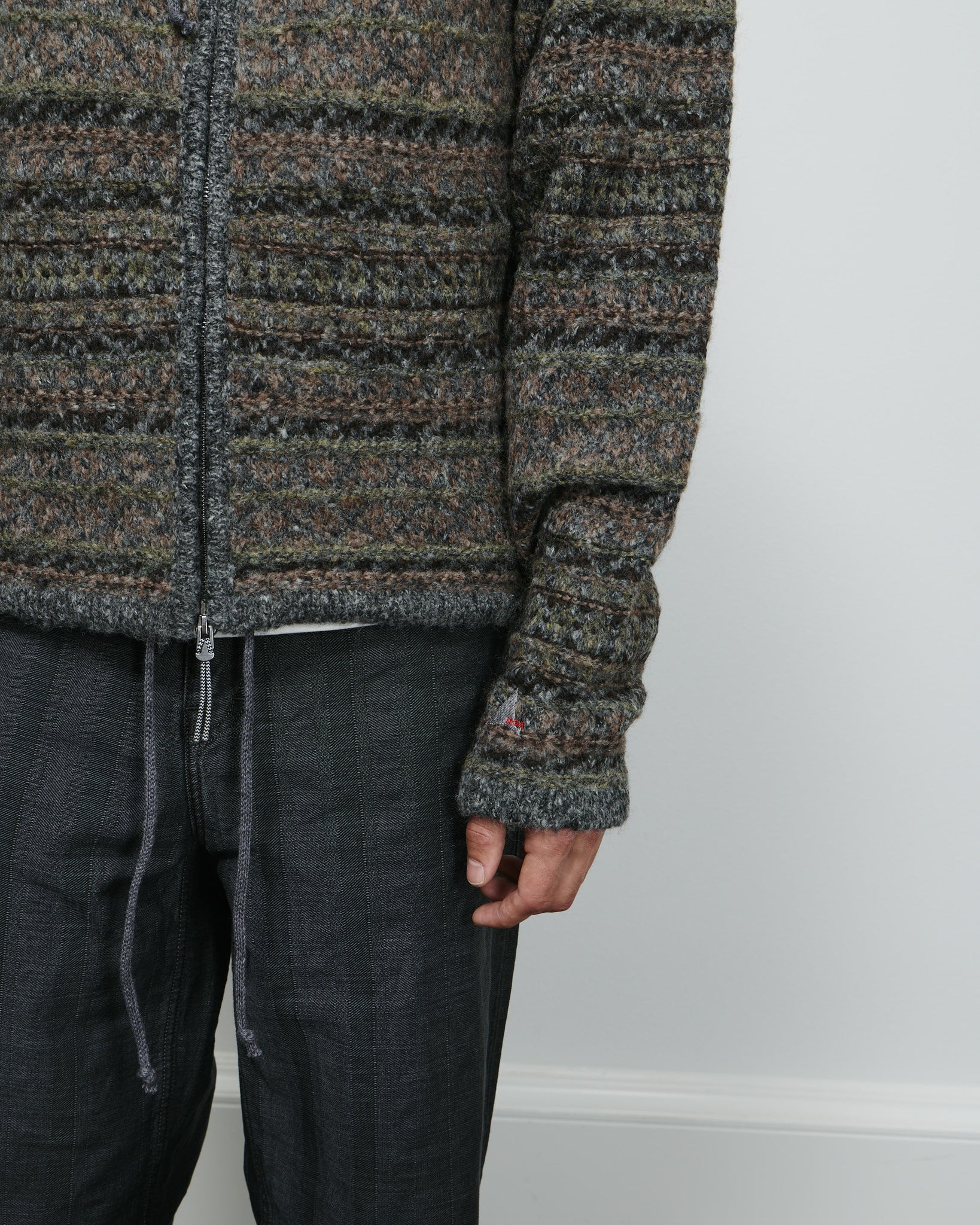 Fair Isle Felted Knit Zip Up Hoodie - Olive