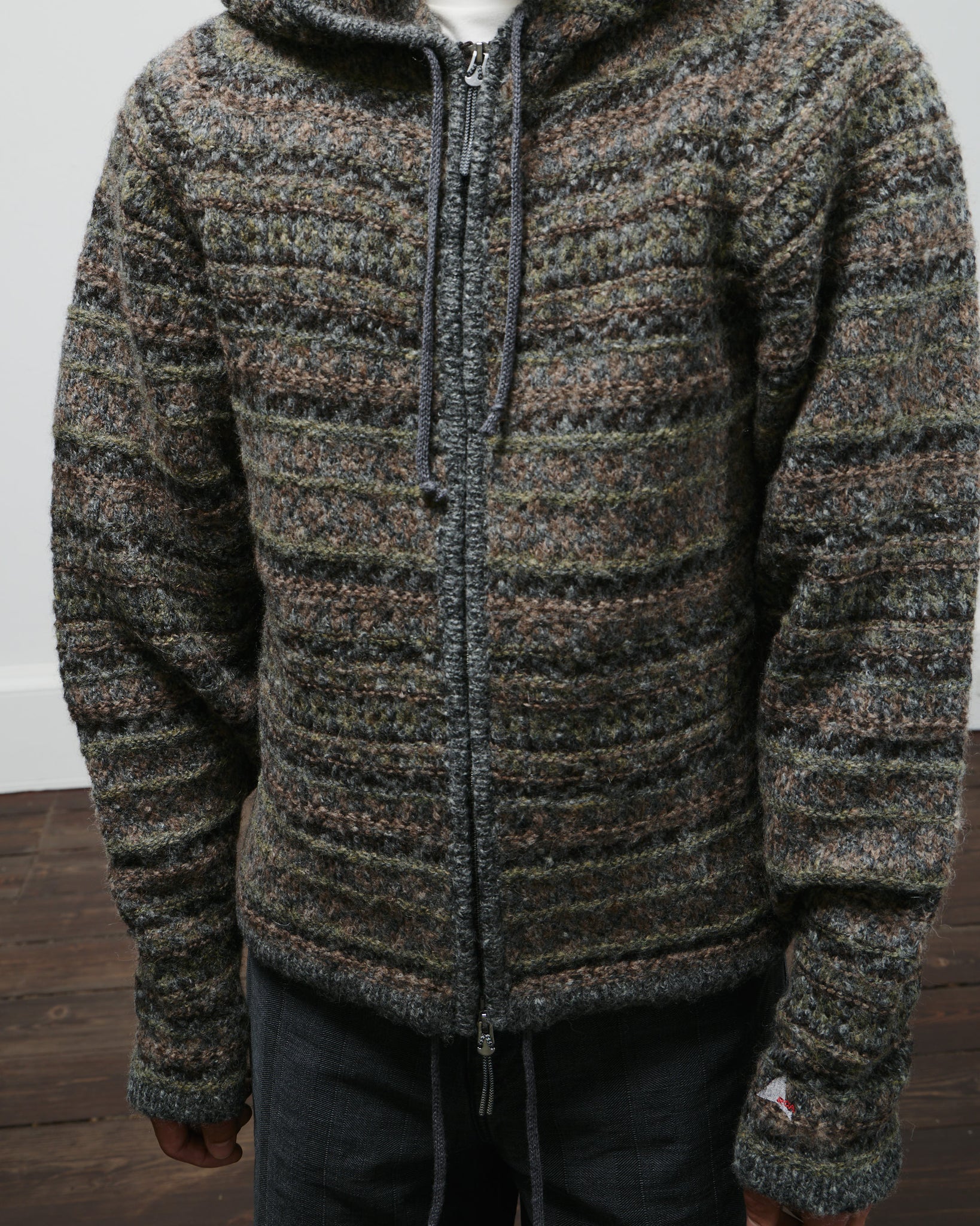 Fair Isle Felted Knit Zip Up Hoodie - Olive