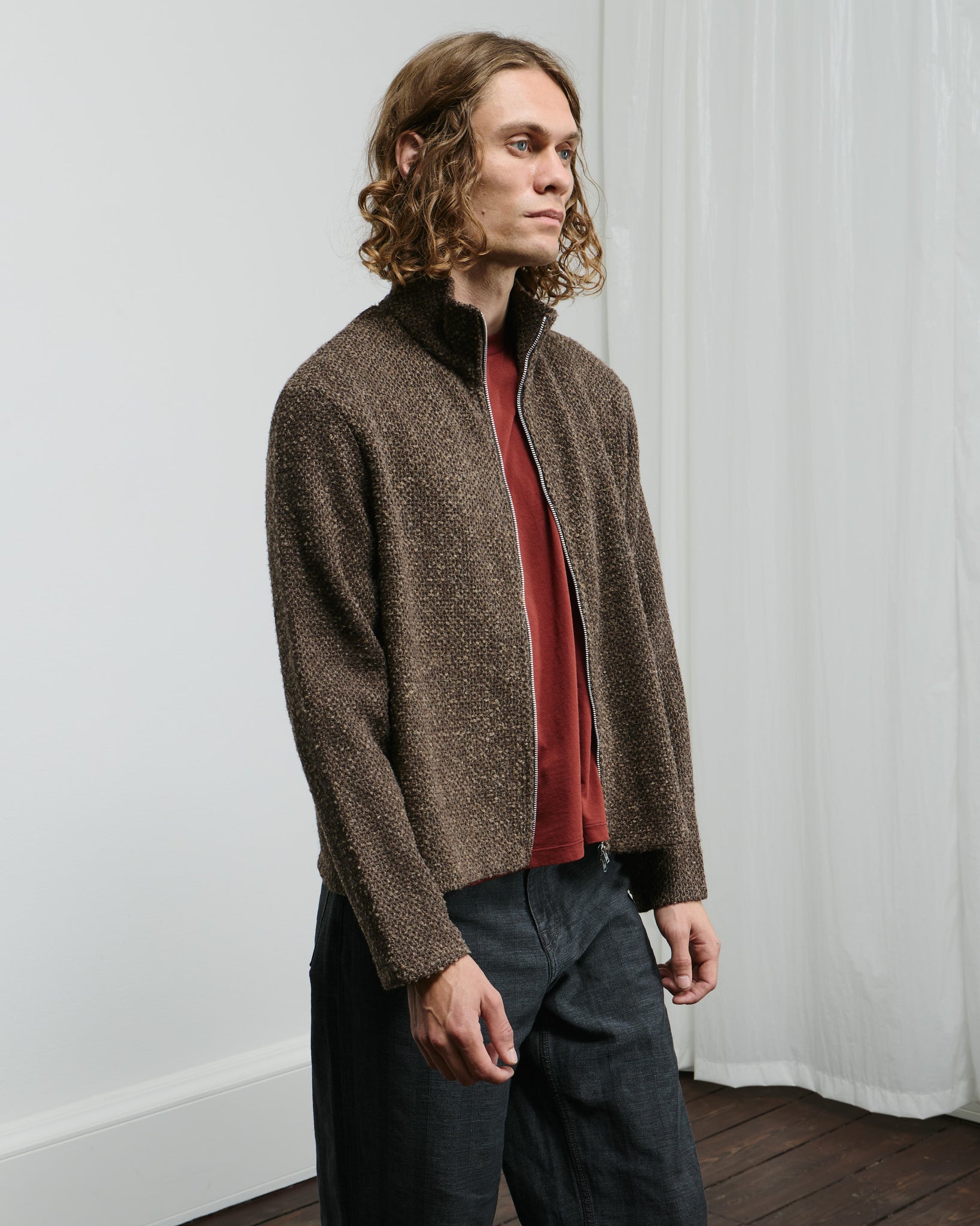 Skrunken Fullzip Polo - Brown Sparse Buckle Weave