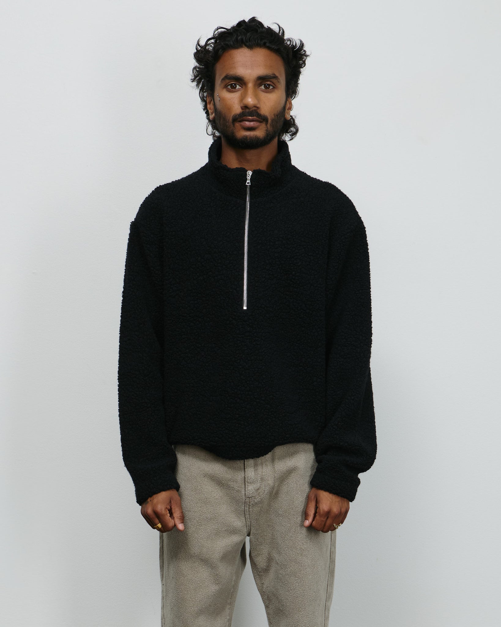 Common Half Zip Sweater - Black Fuzzy Fleece