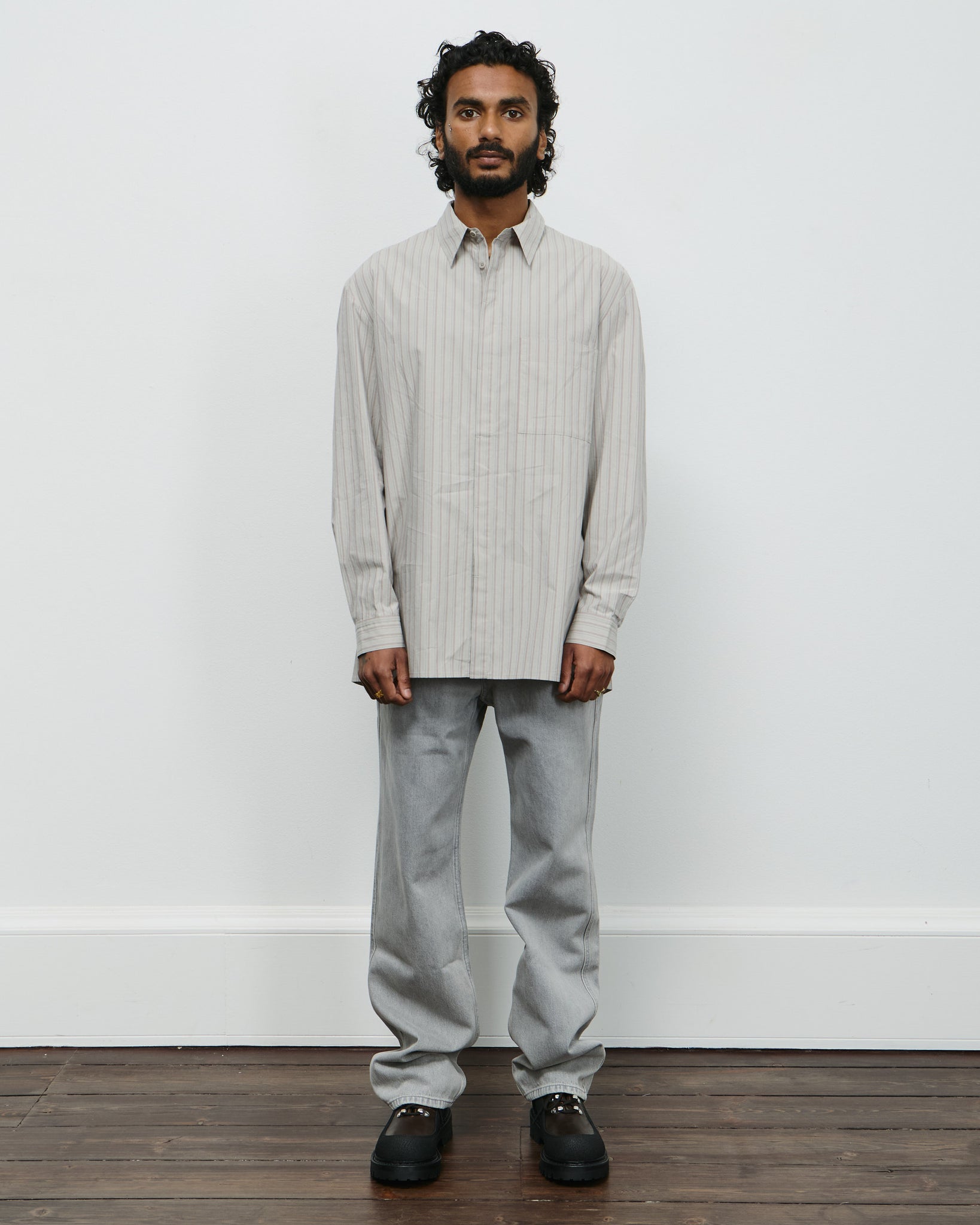 Stripe Square Pocket Oversized Shirt - Grey