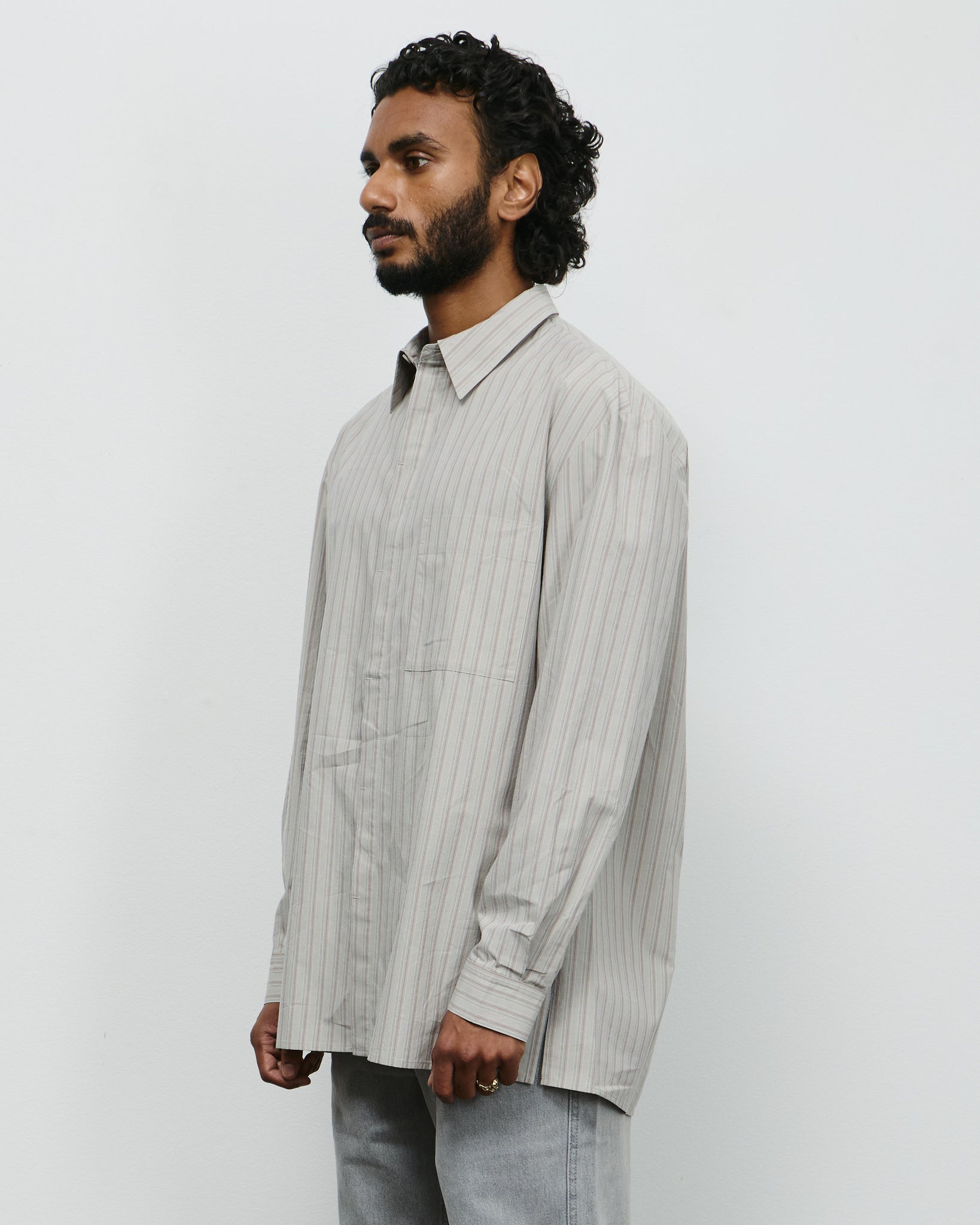 Stripe Square Pocket Oversized Shirt - Grey