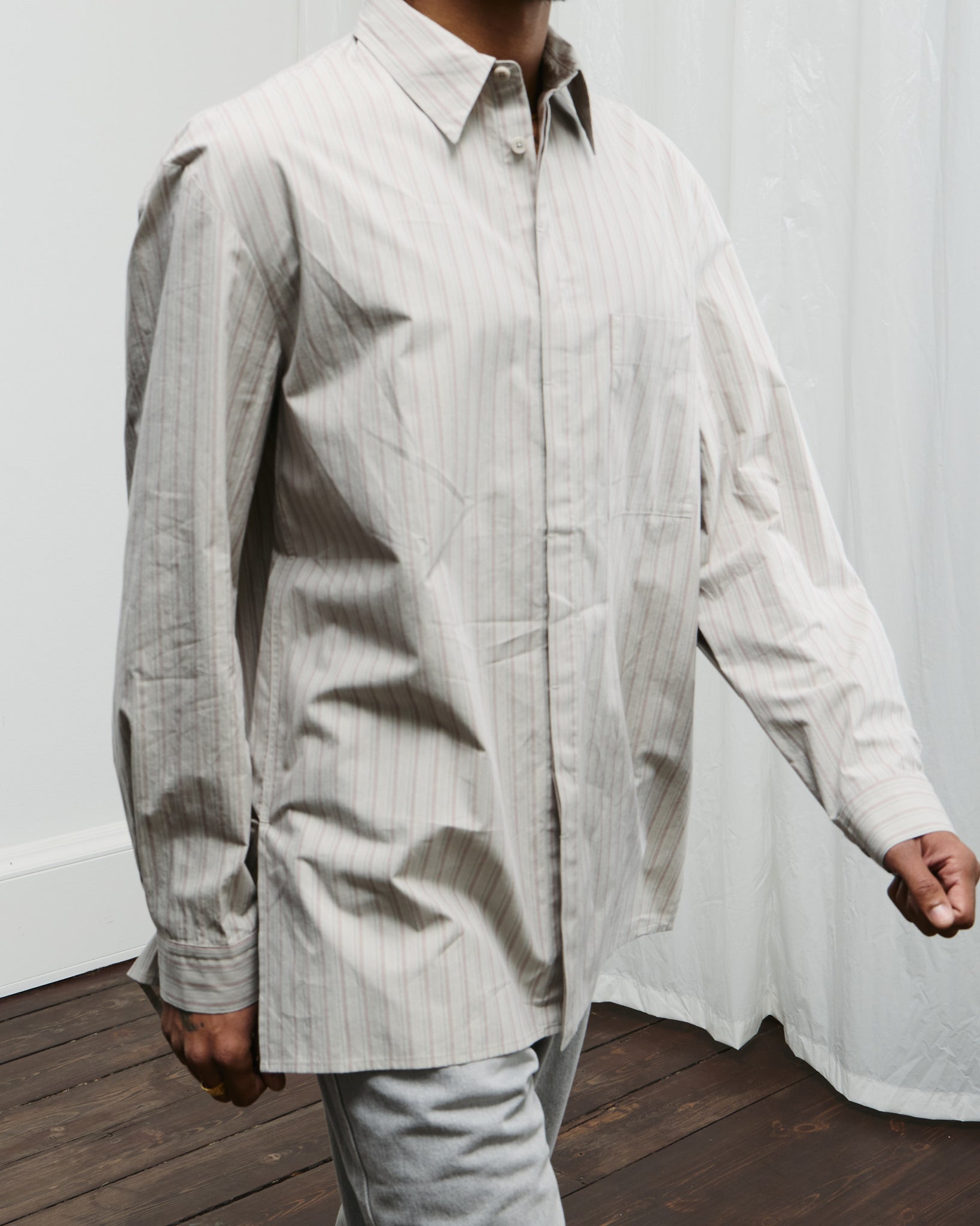 Stripe Square Pocket Oversized Shirt - Grey