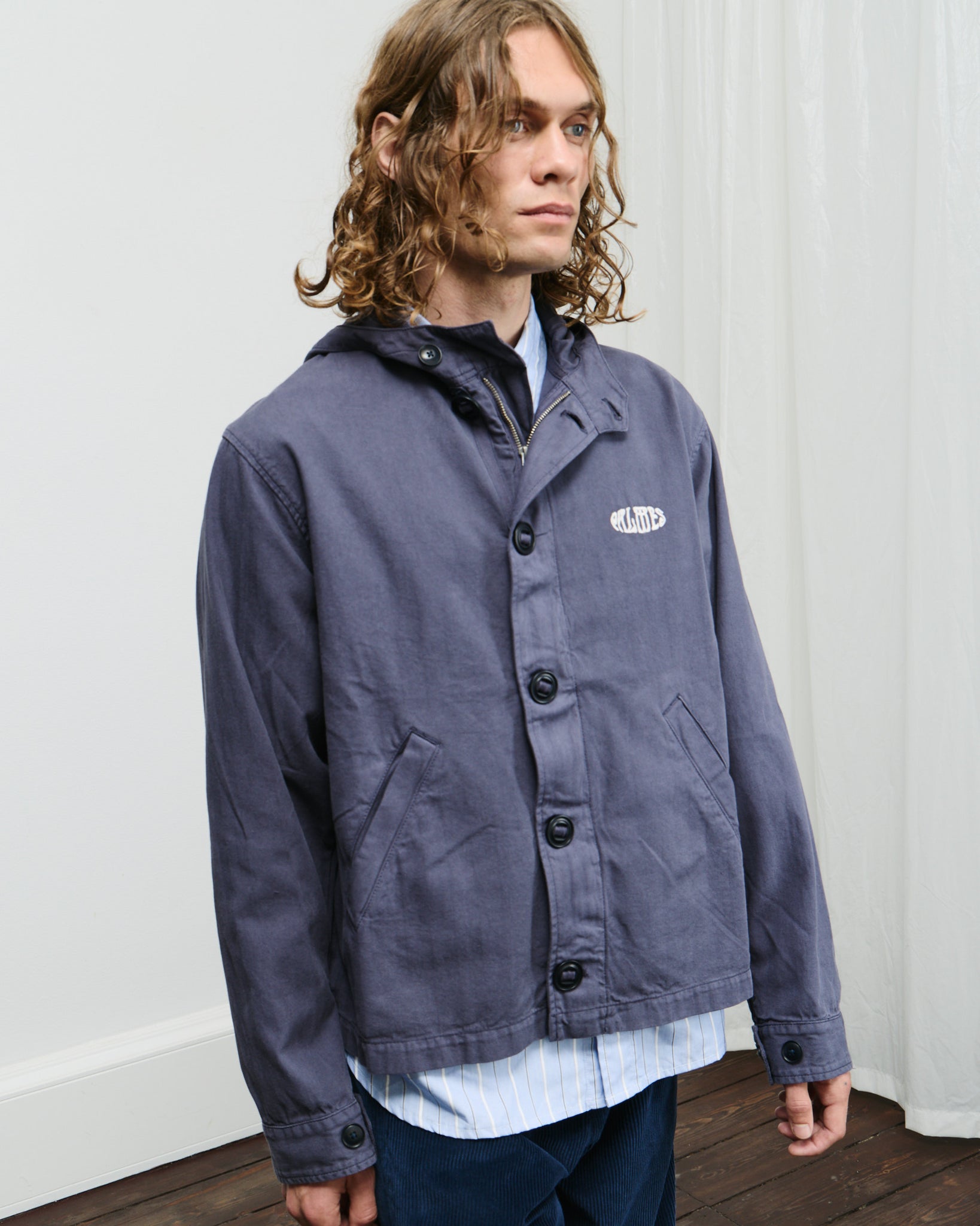 Herringbone Hooded Jacket - Dark Blue