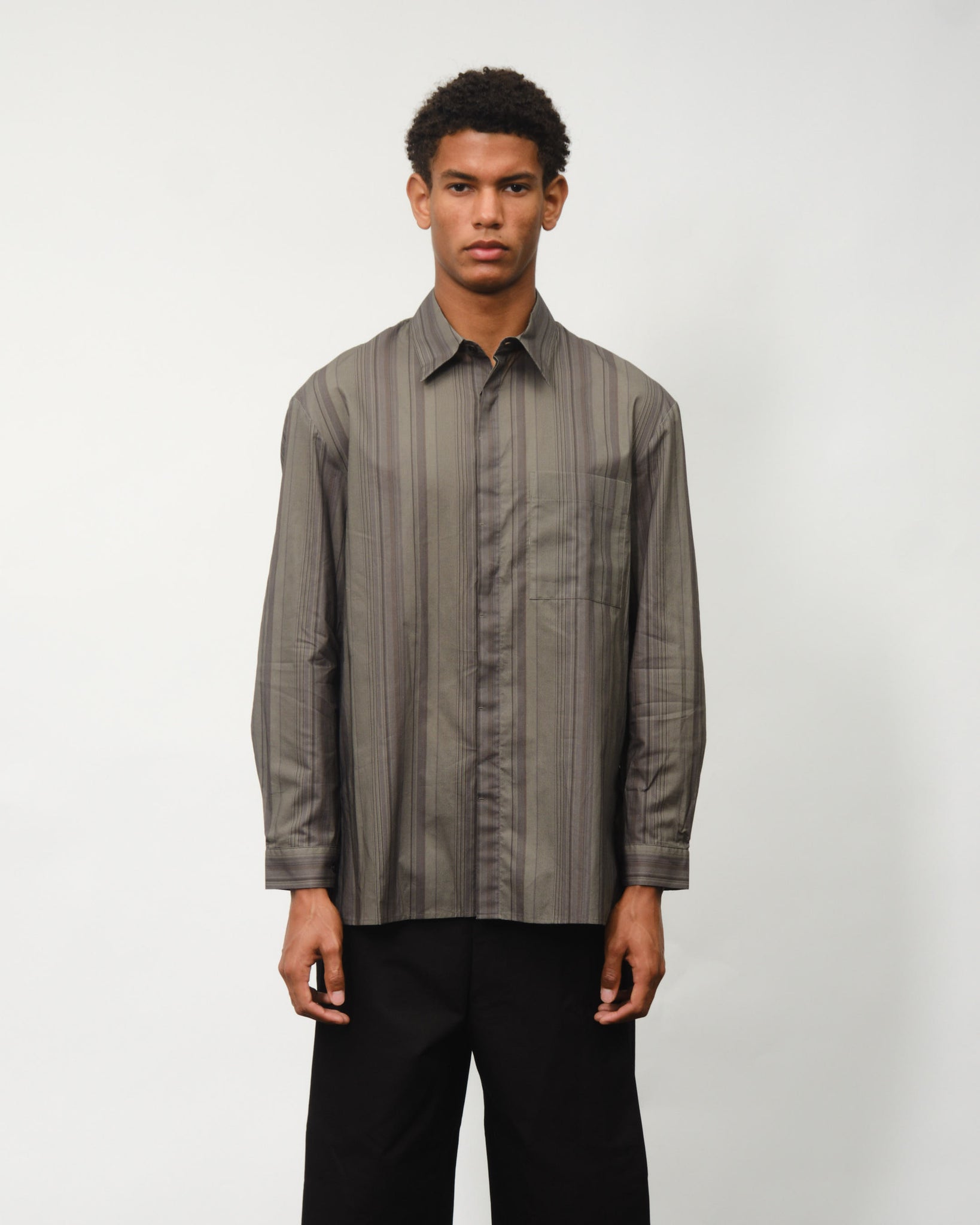 Stripe Square Pocket Oversized Shirts - Khaki