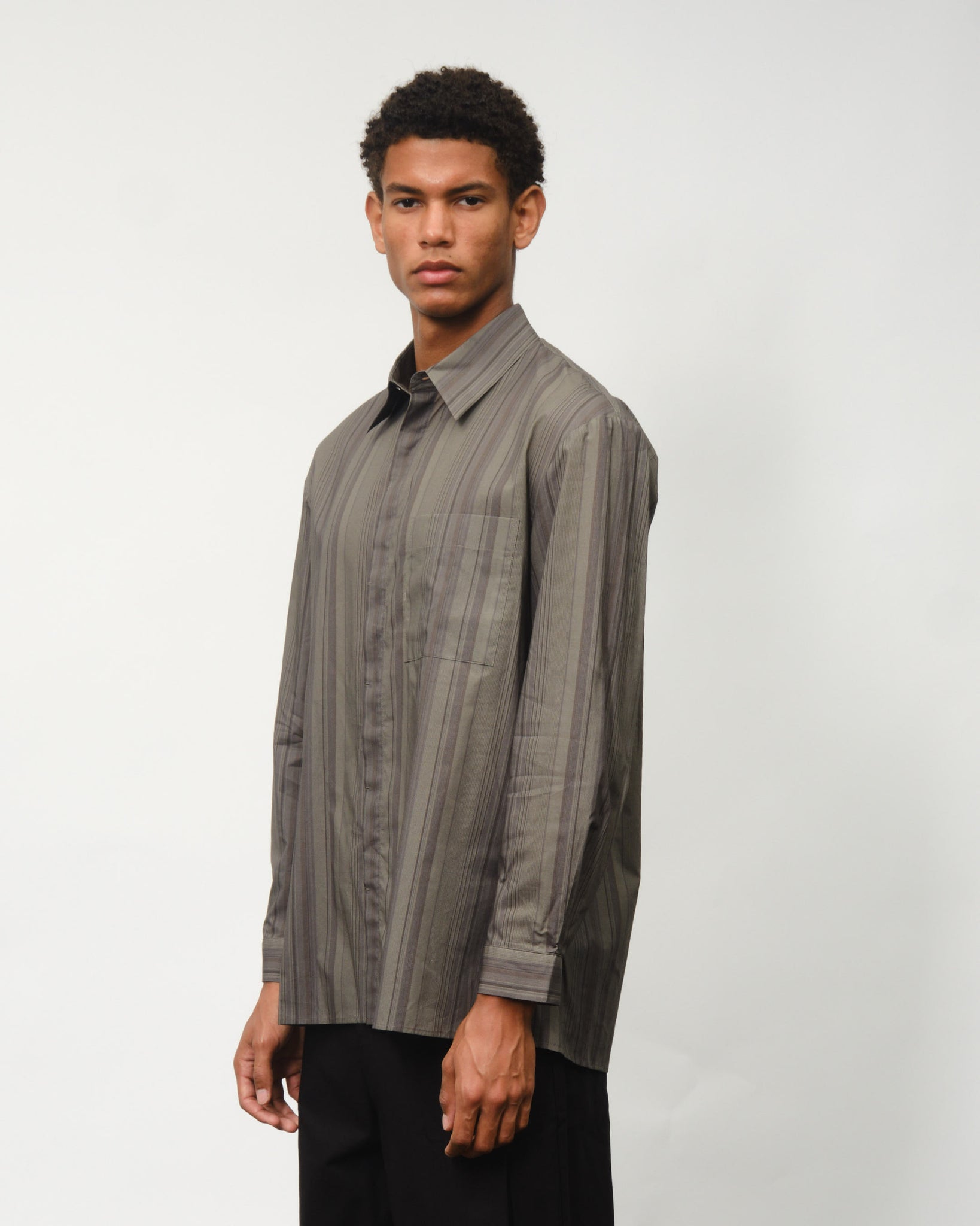 Stripe Square Pocket Oversized Shirts - Khaki