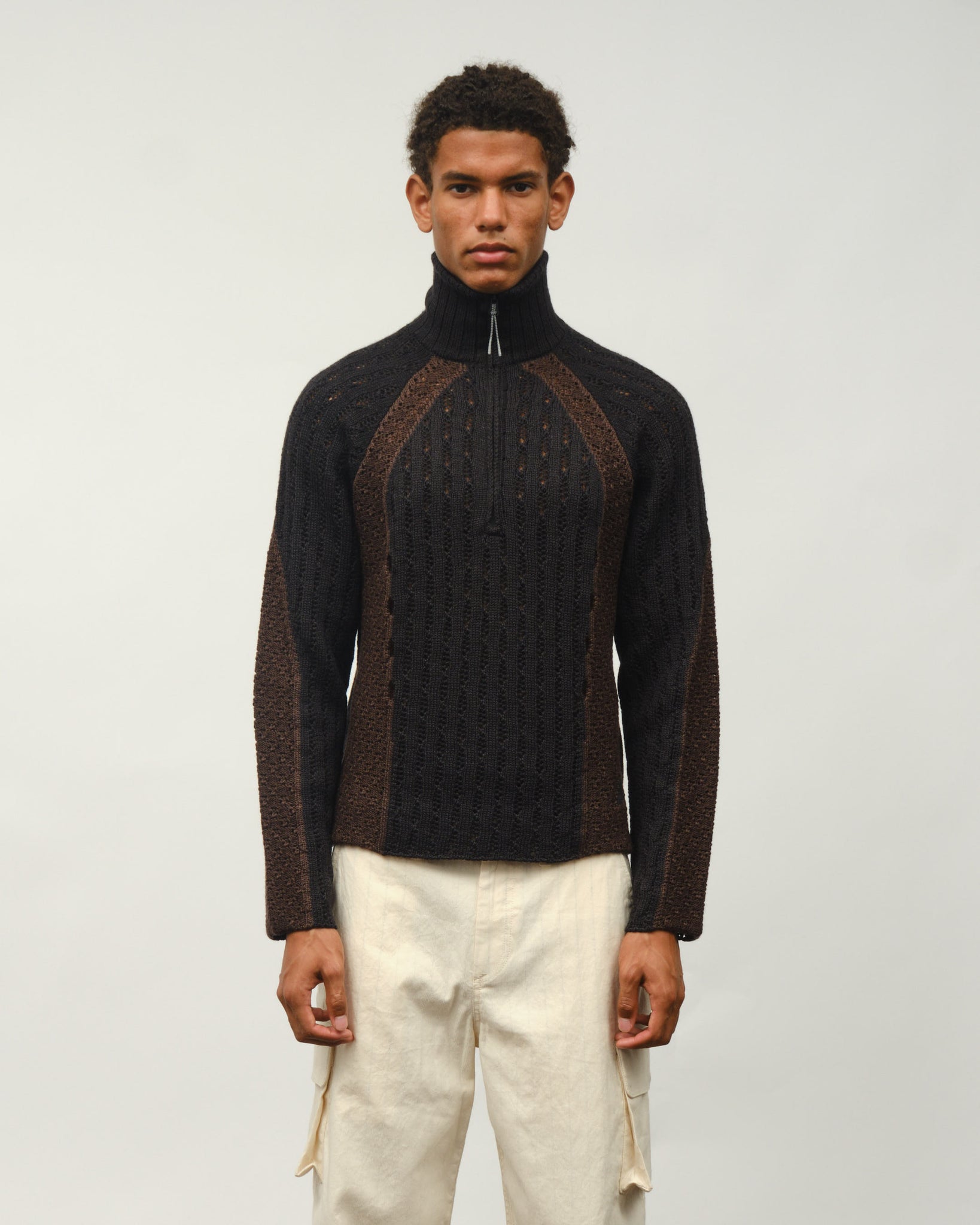 Flower Stitch Turtleneck Zip Up - Black