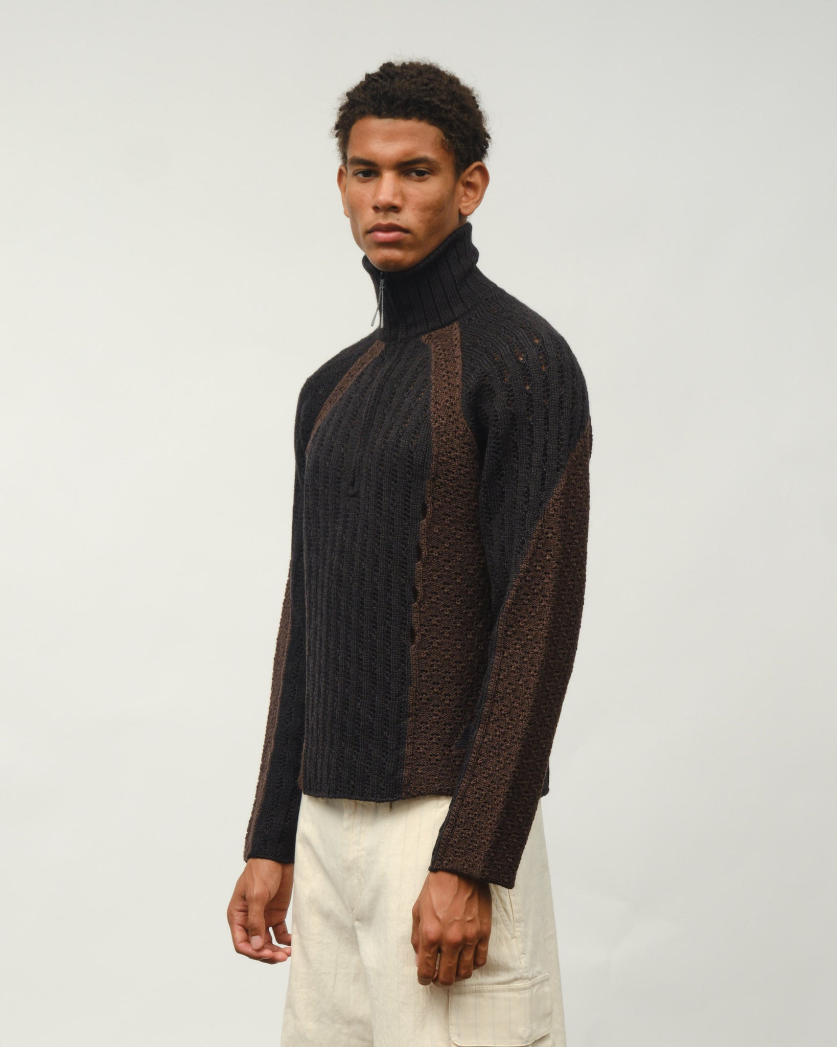 Flower Stitch Turtleneck Zip Up - Black