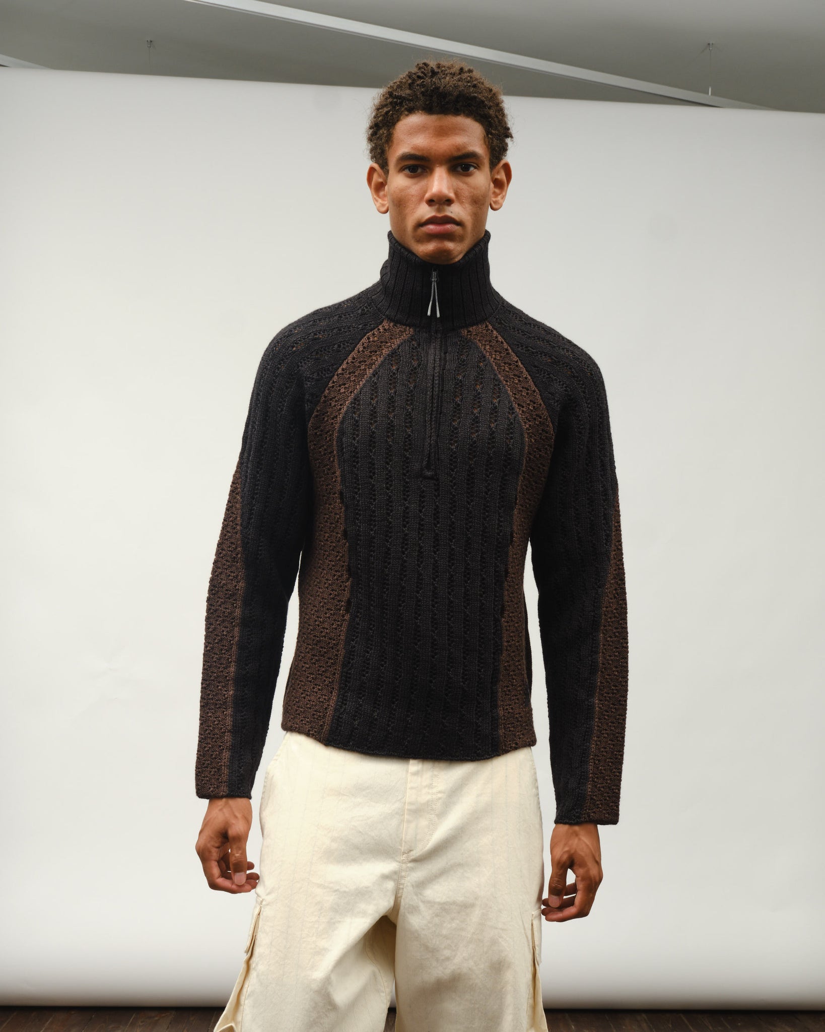 Flower Stitch Turtleneck Zip Up - Black