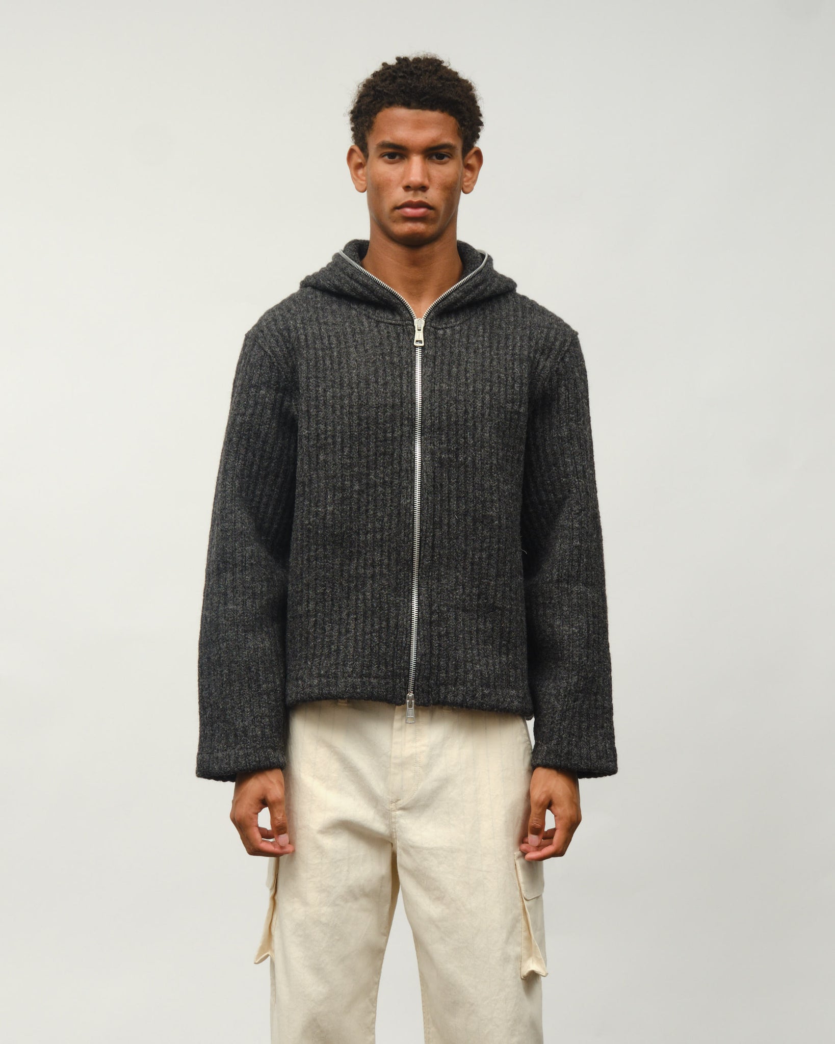 Full Zip Hood - Antracite Mega Rib Wool