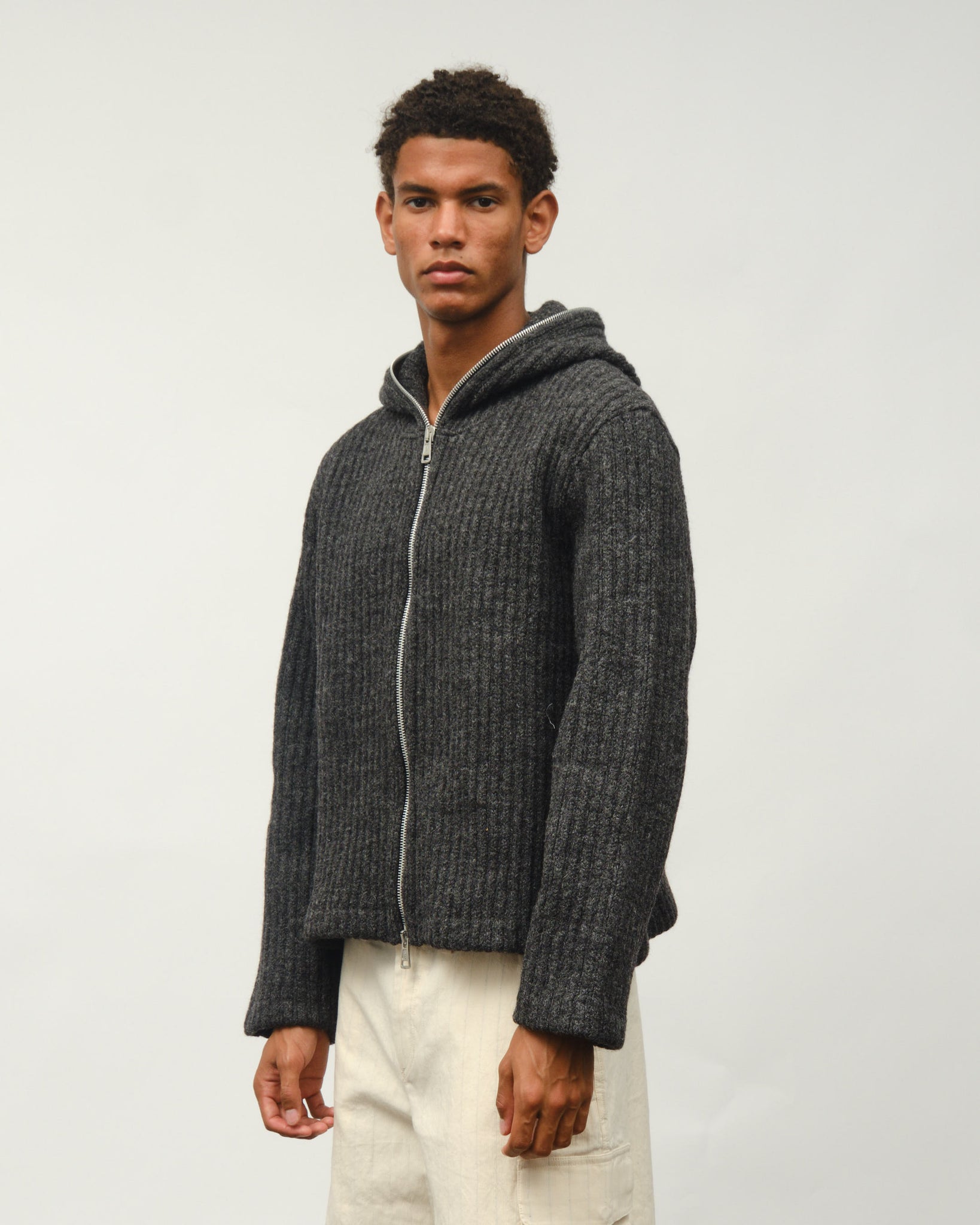 Full Zip Hood - Antracite Mega Rib Wool